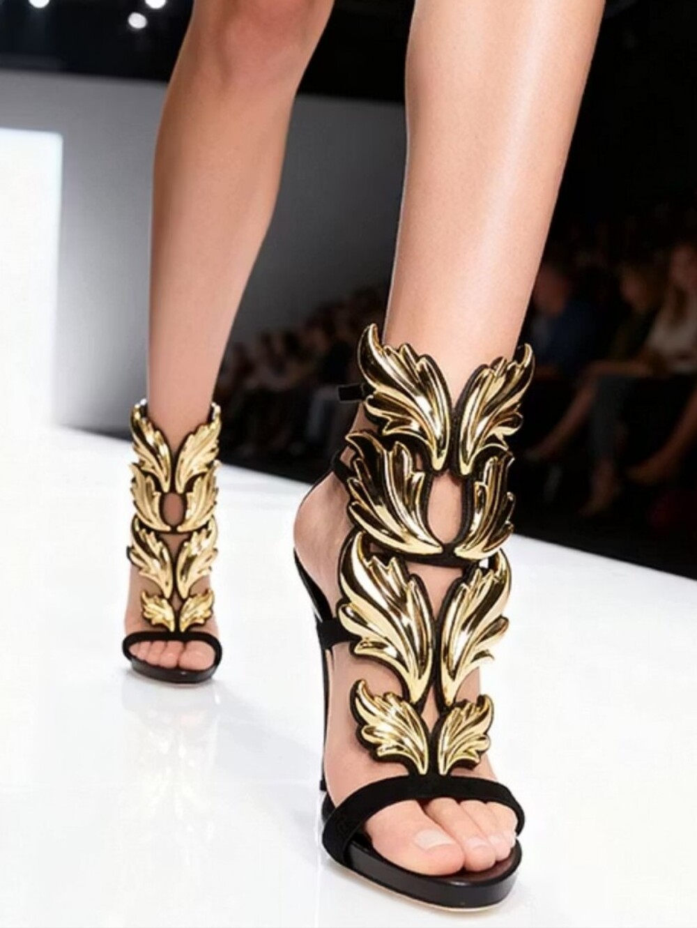 Black Sandals with Gold Leaf Accents - Women's Dress Heels